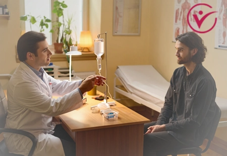 Врач консультирует пациента по поводу капельницы